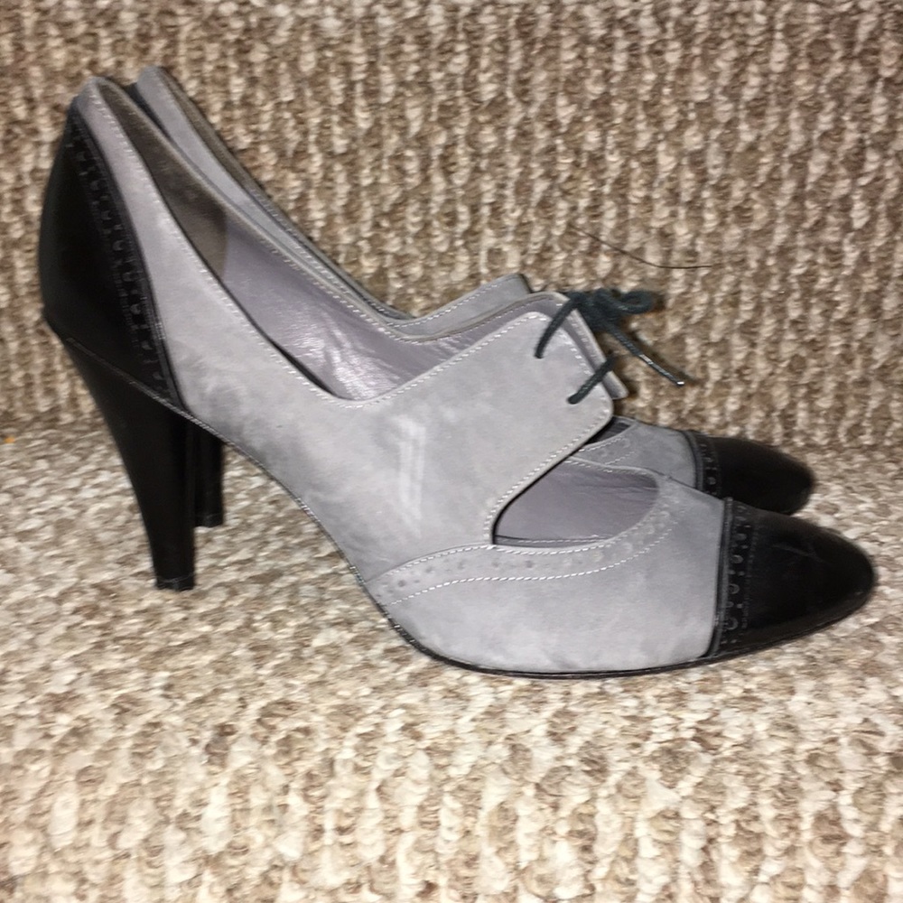 Via Spiga GreyReal Leather & Suede Tie Heel tie up pump EUC